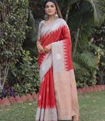 GREY RED ART SILK JACUARD WORK SAREE WITH UNSTITCHED BLOUSE PIECE