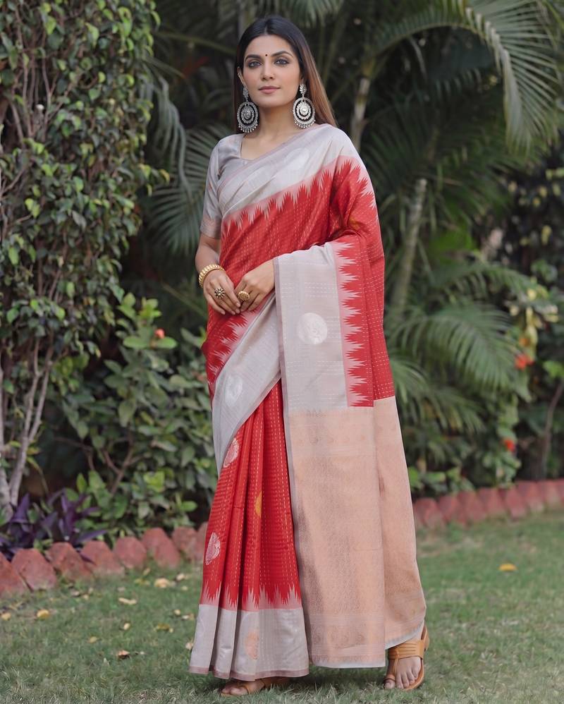 GREY RED ART SILK JACUARD WORK SAREE WITH UNSTITCHED BLOUSE PIECE