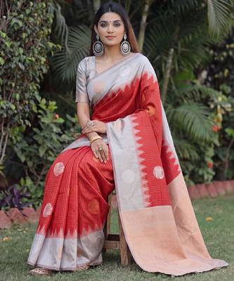 GREY RED ART SILK JACUARD WORK SAREE WITH UNSTITCHED BLOUSE PIECE 2