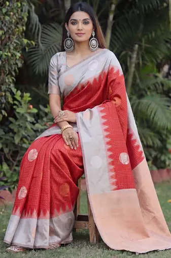 GREY RED ART SILK JACUARD WORK SAREE WITH UNSTITCHED BLOUSE PIECE