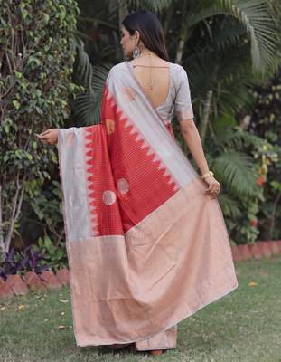 GREY RED ART SILK JACUARD WORK SAREE WITH UNSTITCHED BLOUSE PIECE 3
