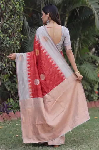 GREY RED ART SILK JACUARD WORK SAREE WITH UNSTITCHED BLOUSE PIECE