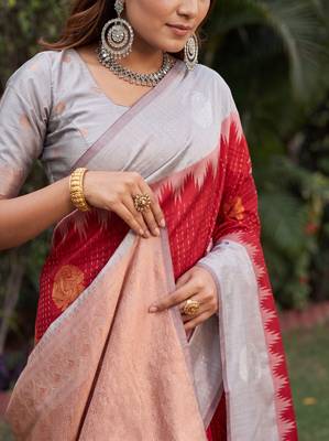 GREY RED ART SILK JACUARD WORK SAREE WITH UNSTITCHED BLOUSE PIECE 4