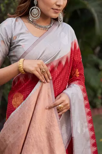 GREY RED ART SILK JACUARD WORK SAREE WITH UNSTITCHED BLOUSE PIECE