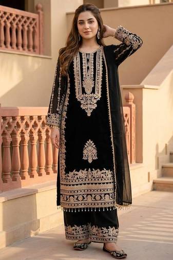 black heavy faux georgette party wear embroidery suit set