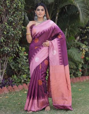 PURPLE WINE ART SILK JACUARD WORK SAREE WITH UNSTITCHED BLOUSE PIECE 1