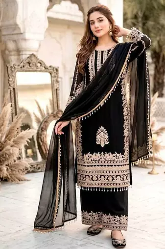black heavy faux georgette party wear embroidery suit set