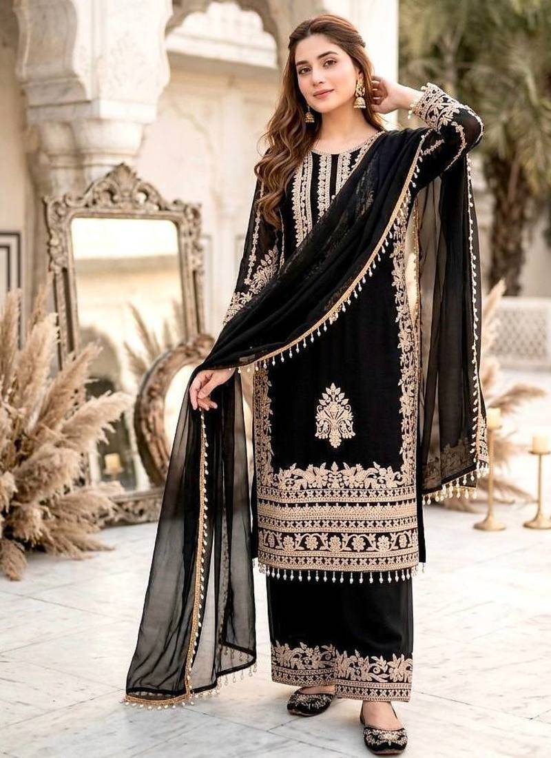 black heavy faux georgette party wear embroidery suit set