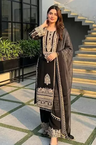 black heavy faux georgette party wear embroidery suit set