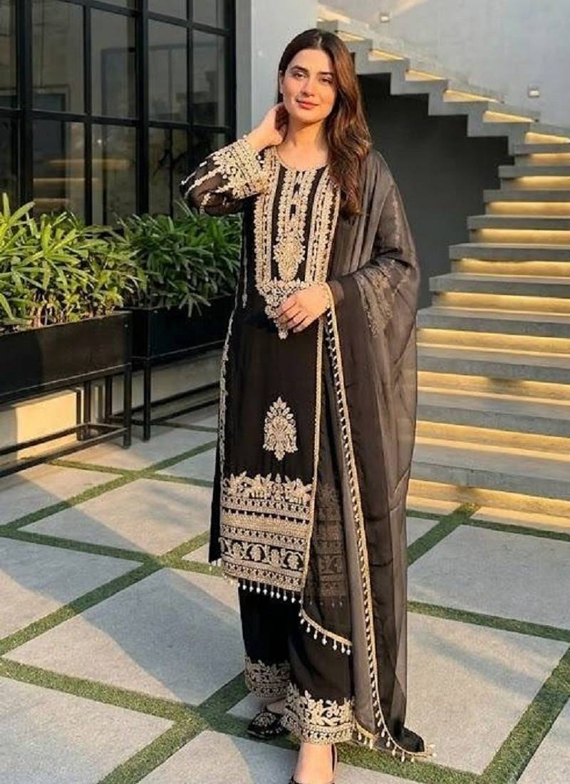 black heavy faux georgette party wear embroidery suit set