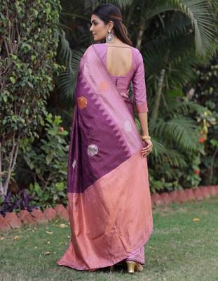 PURPLE WINE ART SILK JACUARD WORK SAREE WITH UNSTITCHED BLOUSE PIECE 3
