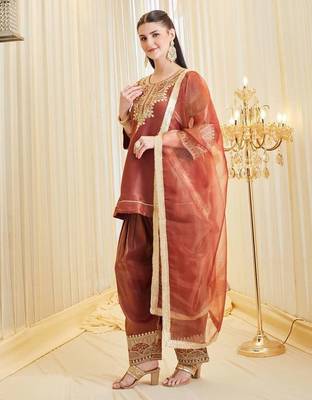 brown heavy silk blend  party wear embroidery suit set 1