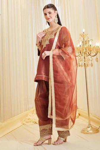 brown heavy silk blend  party wear embroidery suit set