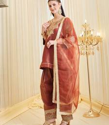 brown heavy silk blend  party wear embroidery suit set