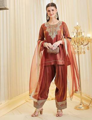 brown heavy silk blend  party wear embroidery suit set 2