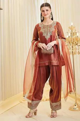 brown heavy silk blend  party wear embroidery suit set