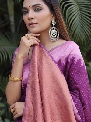 PURPLE WINE ART SILK JACUARD WORK SAREE WITH UNSTITCHED BLOUSE PIECE 4