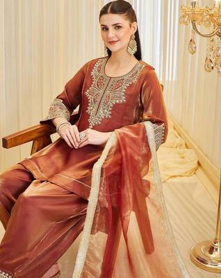 brown heavy silk blend  party wear embroidery suit set 3