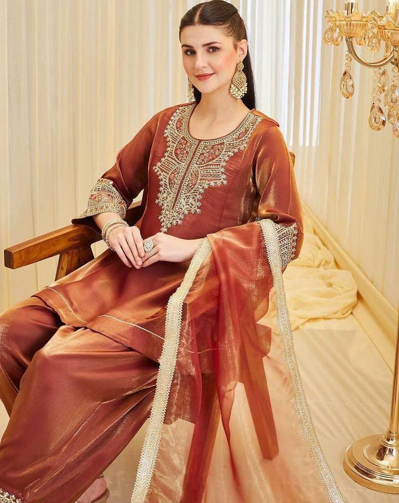 brown heavy silk blend  party wear embroidery suit set
