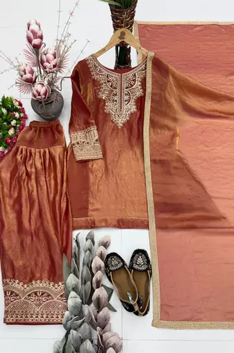 brown heavy silk blend  party wear embroidery suit set