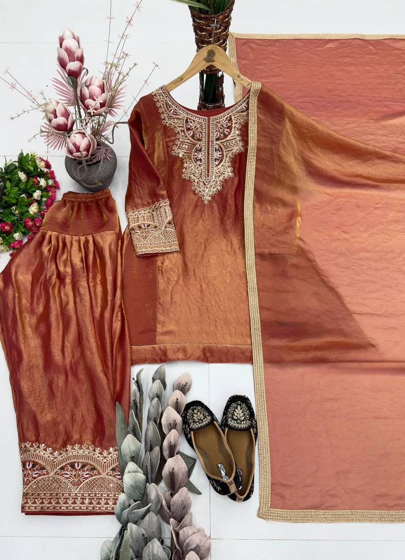 brown heavy silk blend  party wear embroidery suit set