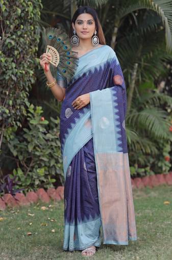 RAMA BLUE ART SILK JACUARD WORK SAREE WITH UNSTITCHED BLOUSE PIECE
