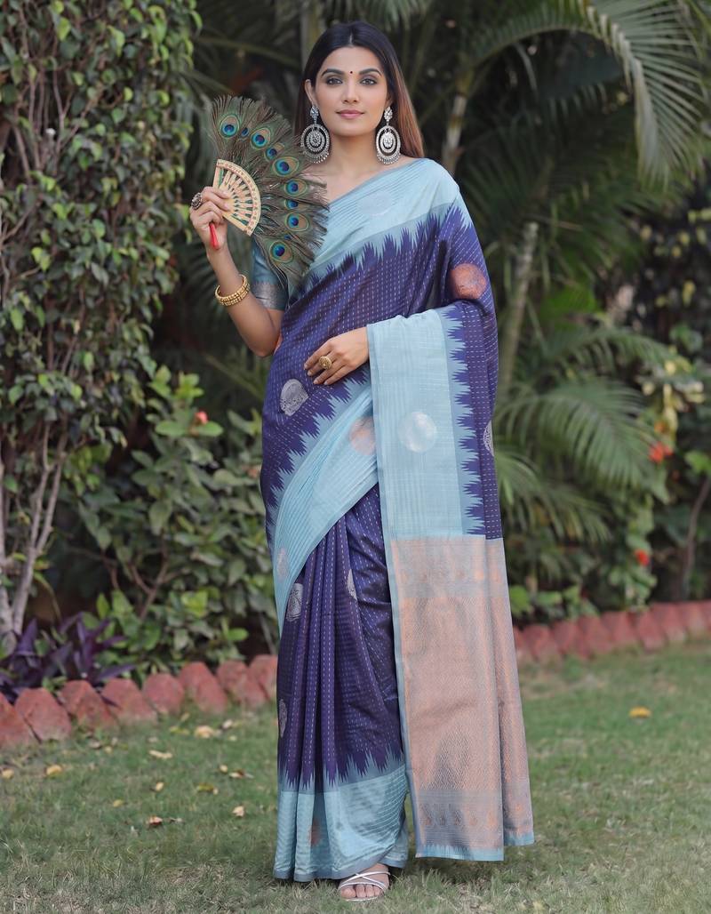 RAMA BLUE ART SILK JACUARD WORK SAREE WITH UNSTITCHED BLOUSE PIECE