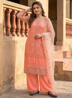 orange heavy soft net party wear embroidery sharara suit set 3