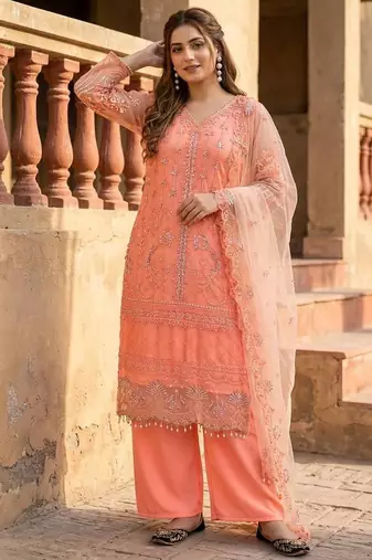 orange heavy soft net party wear embroidery sharara suit set