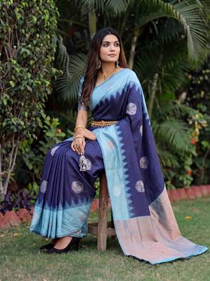 RAMA BLUE ART SILK JACUARD WORK SAREE WITH UNSTITCHED BLOUSE PIECE 2