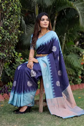 RAMA BLUE ART SILK JACUARD WORK SAREE WITH UNSTITCHED BLOUSE PIECE