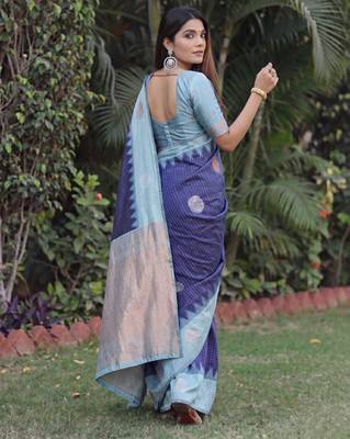 RAMA BLUE ART SILK JACUARD WORK SAREE WITH UNSTITCHED BLOUSE PIECE 3