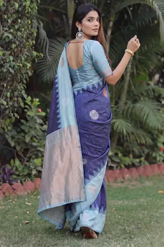 RAMA BLUE ART SILK JACUARD WORK SAREE WITH UNSTITCHED BLOUSE PIECE