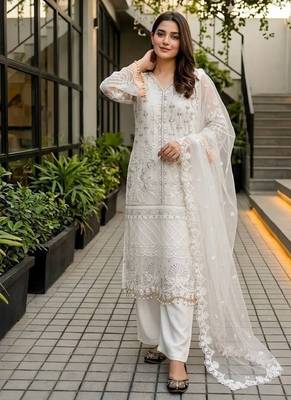 white heavy soft net party wear embroidery sharara suit set 3