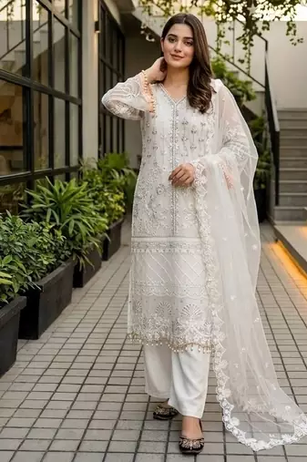white heavy soft net party wear embroidery sharara suit set