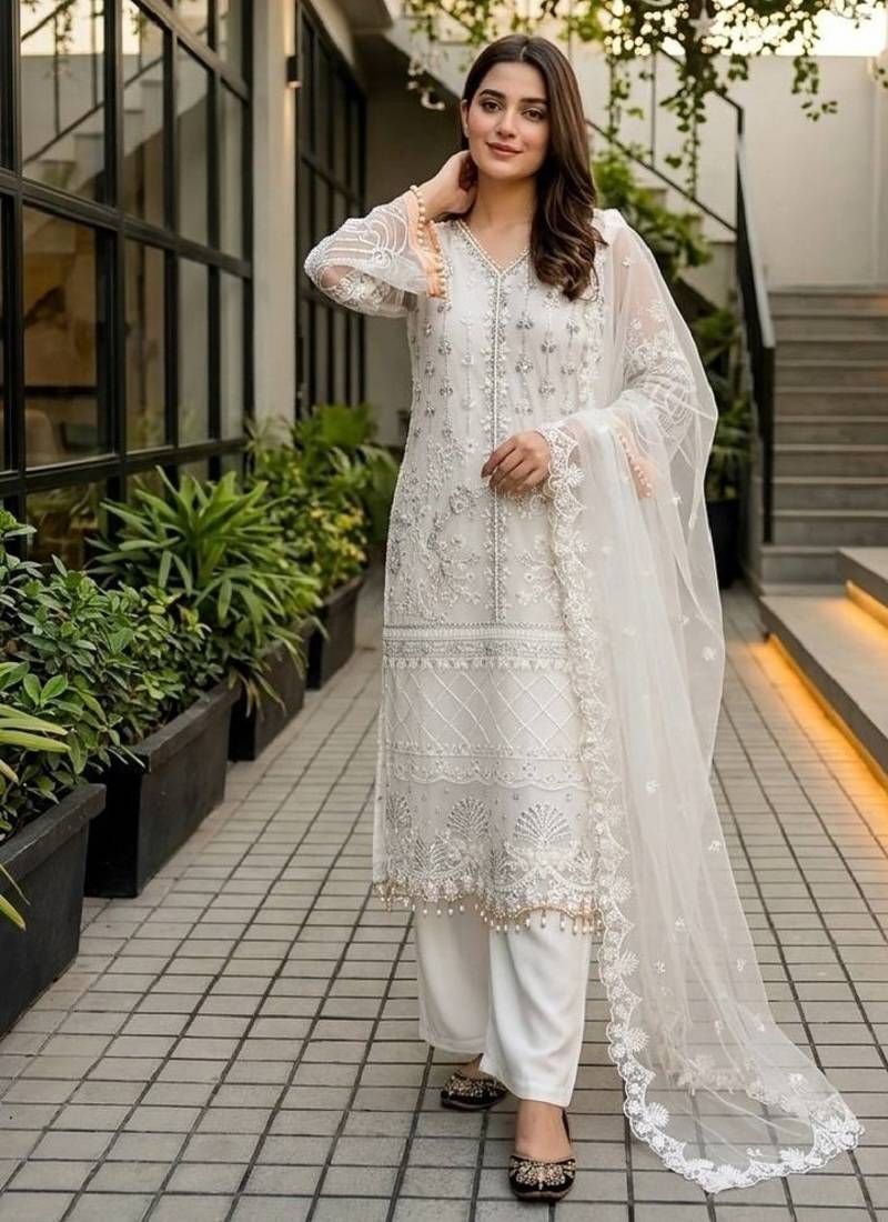 white heavy soft net party wear embroidery sharara suit set