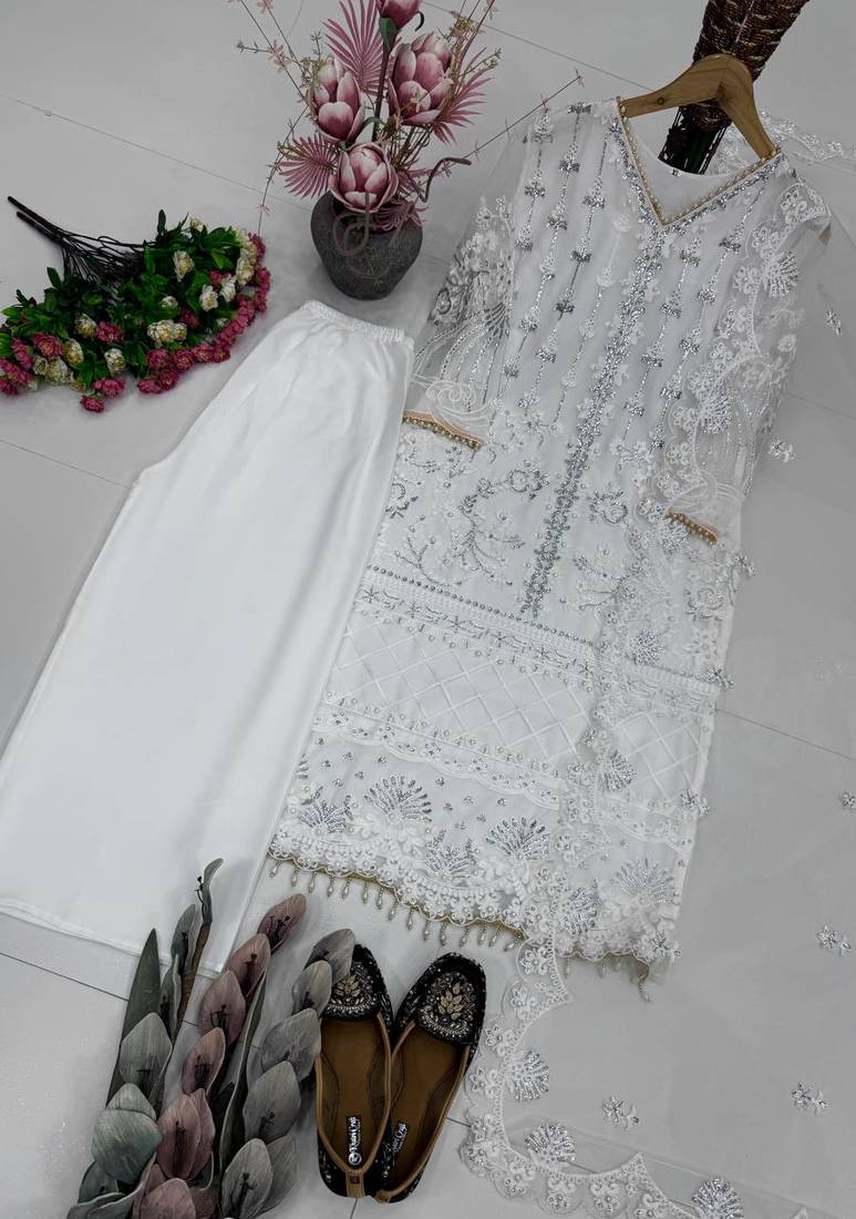 white heavy soft net party wear embroidery sharara suit set