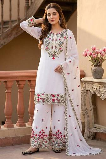 white heavy silk blend  party wear embroidery suit set