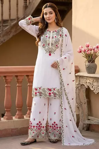 white heavy silk blend  party wear embroidery suit set