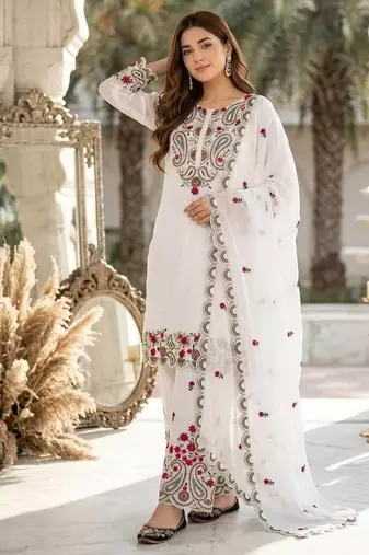 white heavy silk blend  party wear embroidery suit set