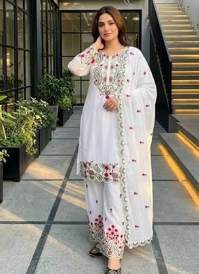 white heavy silk blend  party wear embroidery suit set 3