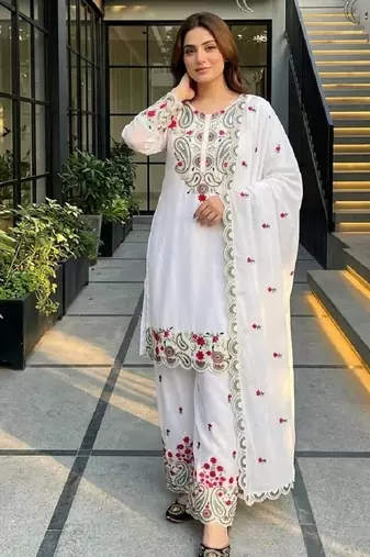 white heavy silk blend  party wear embroidery suit set
