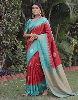 RAMA RED ART SILK JACUARD WORK SAREE WITH UNSTITCHED BLOUSE PIECE 1