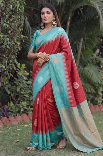RAMA RED ART SILK JACUARD WORK SAREE WITH UNSTITCHED BLOUSE PIECE