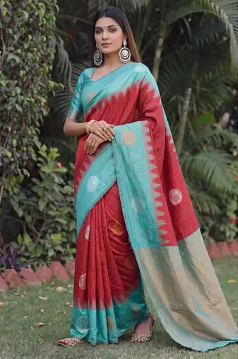 RAMA RED ART SILK JACUARD WORK SAREE WITH UNSTITCHED BLOUSE PIECE