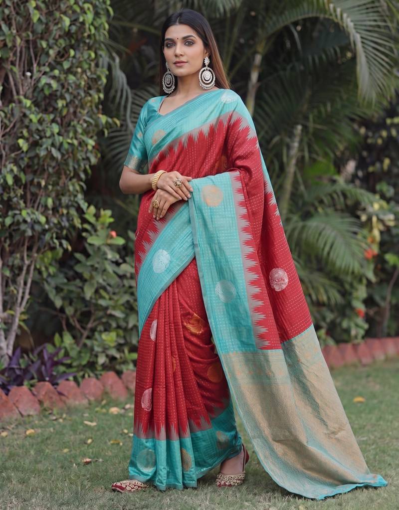 RAMA RED ART SILK JACUARD WORK SAREE WITH UNSTITCHED BLOUSE PIECE