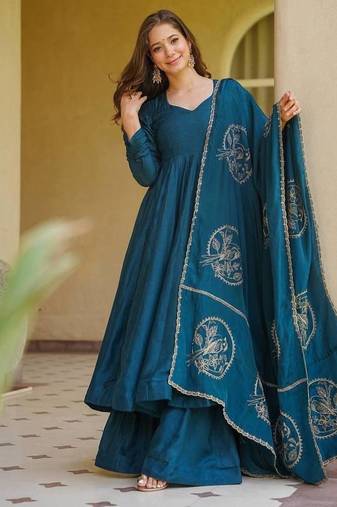 blue heavy silk blend  party wear embroidery anarkali suit set