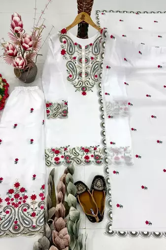 white heavy silk blend  party wear embroidery suit set