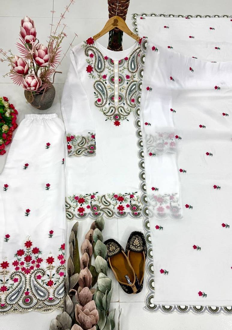 white heavy silk blend  party wear embroidery suit set