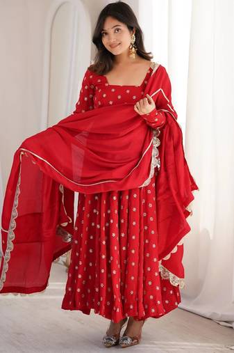 red heavy silk blend  party wear embroidery anarkali suit set
